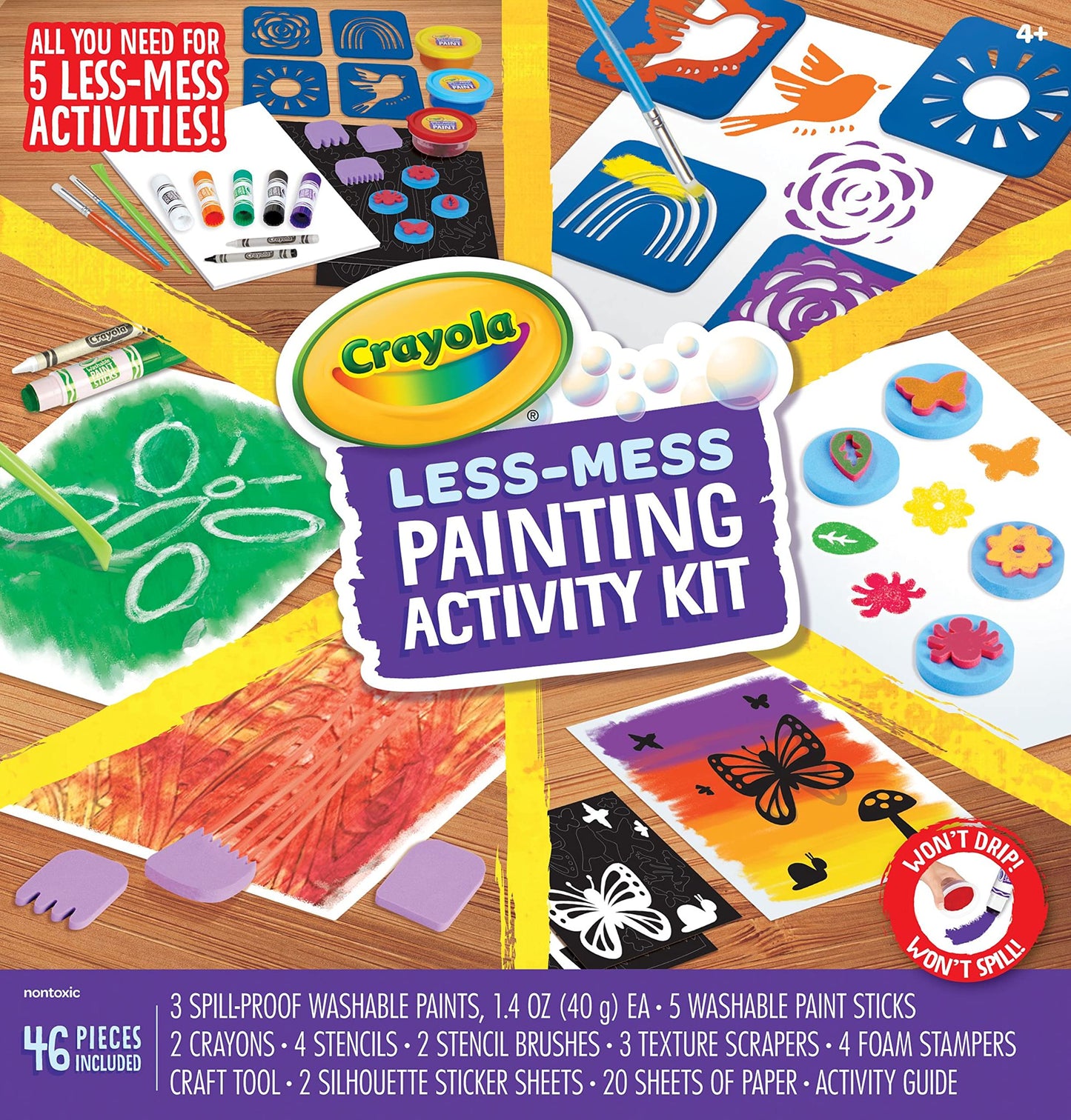 Crayola Less Mess Painting Activity Kit (46pcs) Kids Art Set Washable Kids Paints Gifts for Kids Ages 4+