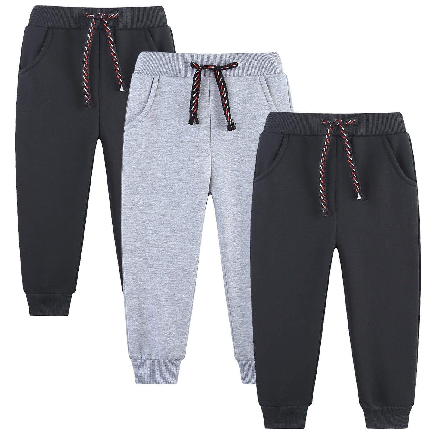 Funnymore Kids Toddler Boys Pants Sweatpants3 Pack Pull On Fleece Jogger Outfits Clothes Black/Grey 4t